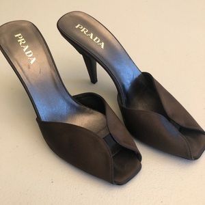 Prada satin peep toe mule heels